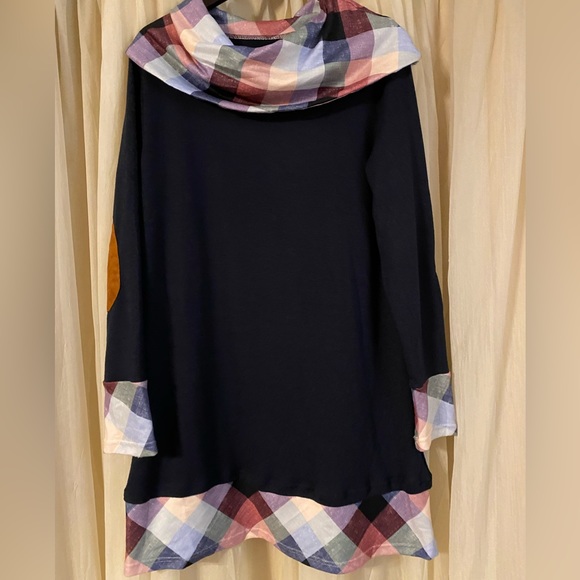 Blue Cowl Neck Tunic Sweater Dress with Plaid Accent - Size L - Picture 3 of 5